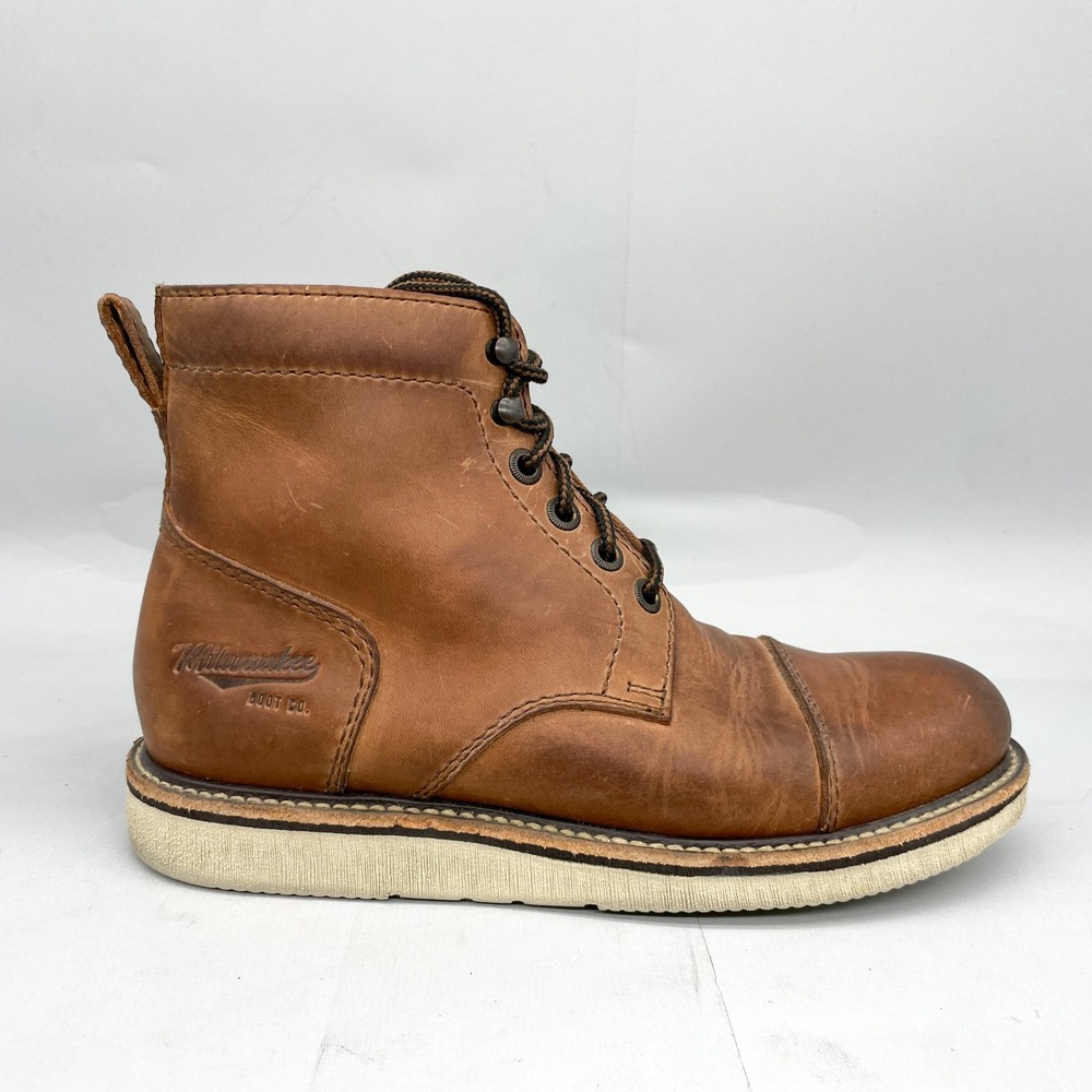 Milwaukee Boot Co Mens 9.5M Brady Cap Toe Brown Leather Wedge Sole Rugged Work